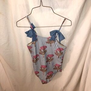 Blue and white striped rose swim suit